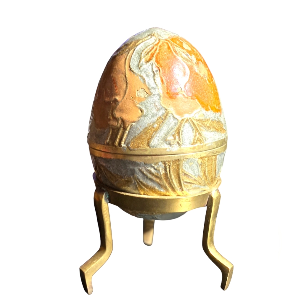 Vintage India Muted Floral Cloisonné Brass Egg Shaped Trinket‎ Box With Stand